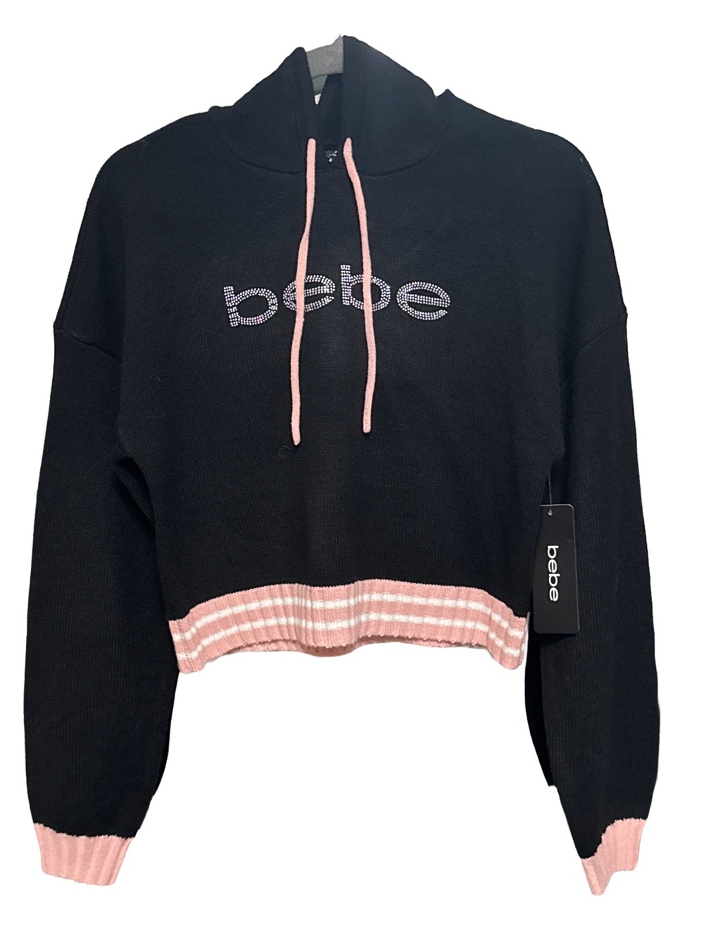 bebe Black Cropped Hoodie with Pink Trim